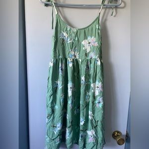 light green flowy dress with white/blue/purple flower detailing
